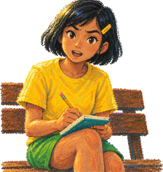 Lin duduk di bangku kayu, menulis di buku catatan di atas lututnya, alis terangkat.