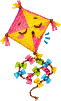 Hiccup Kite, layang-layang merah jambu dan kuning yang sedang cegukan, ekor pitanya kusut.