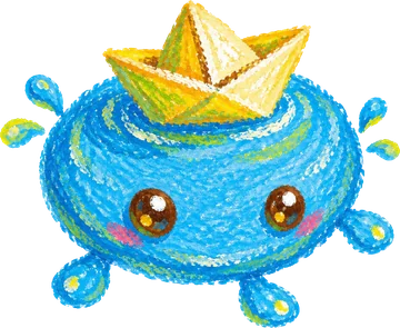 Tagalong Puddle, genangan biru bermata bulat dengan perahu kertas di atasnya.