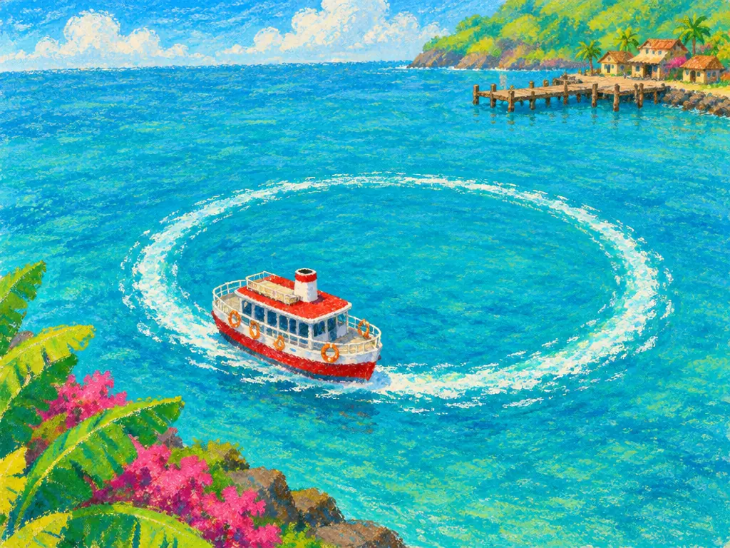 Feri kecil putih merah berputar membentuk lingkaran di laut biru tenang, jejak buihnya melingkar tertutup, dermaga kayu terlihat jauh di belakang.